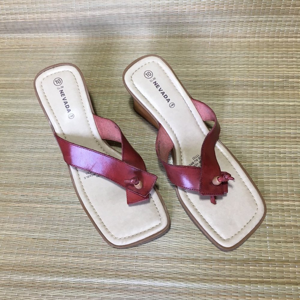 Vintage 90s Leather thong Wedge Sandal - Merlot Red - Size 10